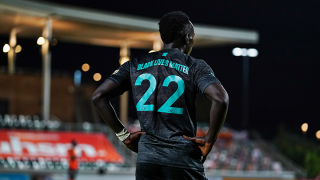 San Diego Loyal SC forward Francis Atuahene sports a Black Lives Matter jersey the team wore in support of the movement. The game-worn jerseys are now available through a raffle and proceeds will be donated to to the Association of African American Educators' San Diego County branch.