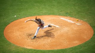 SAN DIEGO, CA – SEPTEMBER 13: Mike Clevinger #52 of the San Diego Padres delivers a pitch in the top of the fifth inning against the San Francisco Giants at PETCO Park on September 13, 2020 in San Diego, California. (Photo by Matt Thomas/San Diego Padres/Getty Images)