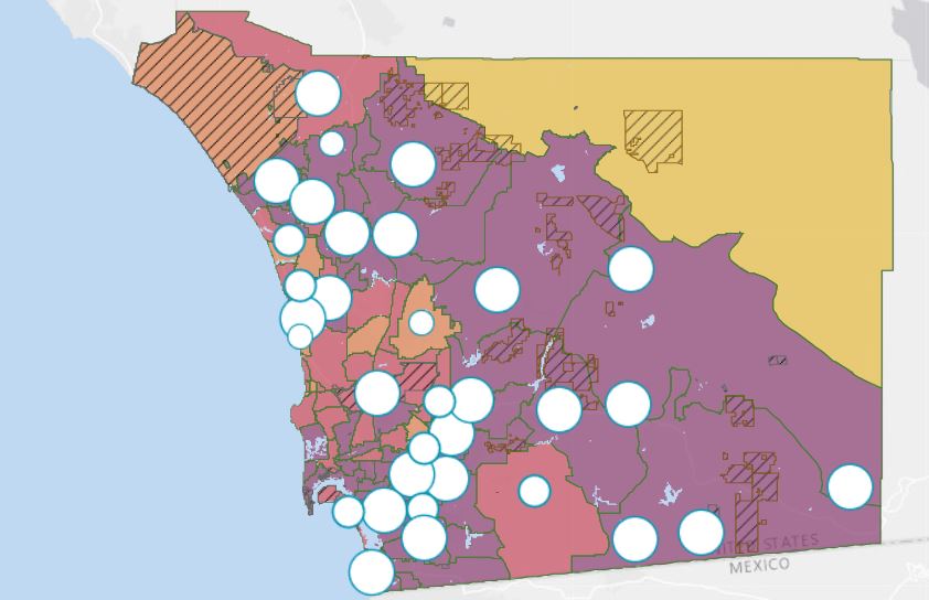 A snapshot of a map showing case rates by municipality in San Diego County.