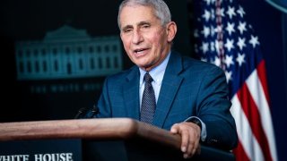 Director of the National Institute of Allergy and Infectious Diseases Anthony Fauci speaks with Vice President Mike Pence as they participate in a news briefing with member of the White House Coronavirus Task Force in the James S. Brady Press Briefing Room at the White House on Thursday, Nov 19, 2020 in Washington, DC.