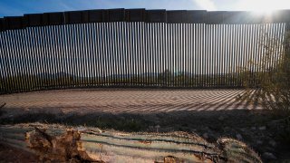 A dead cactus is seen on the ground near the United States-Mexico border wall in Organ Pipe National Park south of Ajo, Arizona