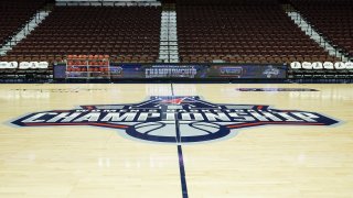 UNCASVILLE, CT - MARCH 08: General view of the American Conference Championship logo at center court prior to the game between USF Bulls and UConn Huskies on March 8, 2020, at Mohegan Sun Arena in Uncasville, CT.
