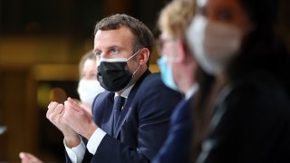 In this Dec. 14, 2020, file photo, France's President Emmanuel Macron delivers a speech during a Citizens' Convention on Climate, in Paris, France.
