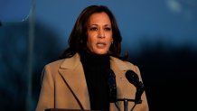 Vice President-elect Kamala Harris speaks during a COVID-19 memorial Tuesday, Jan. 19, 2021, in Washington.