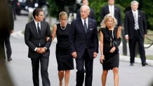 ARLINGTON, VA - AUGUST 29:  U.S. Vice President Joe Biden (2-R) arrives at Arlington National Cemetery with his wife, Jill Biden (R), son Hunter Biden (L) and daughter-in-law, Kathleen Biden for the burial of U.S. Sen. Edward Kennedy on August 29, 2009 in Arlington, Virginia. U.S. Sen. Kennedy will be buried near his brothers, former U.S. President John F. Kennedy and former U.S. Sen. Robert Kennedy. (Photo by Jim Bourg-Pool/Getty Images)