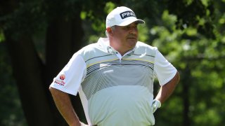 GRAND BLANC, MI - JULY 31: Angel Cabrera of Argentina reacts to his shot from the eighth tee during the first round of the Ally Challenge presented by McLaren at Warwick Hills Golf & Country Club on July 31, 2020 in Grand Blanc, Michigan.