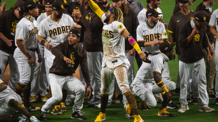 SAN DIEGO, CA – OCTOBER 02: Fernando Tatis Jr #23 celebrates after defeating the St Louis Cardinals during Game Three of the National League Wildcard series at PETCO Park on October 2, 2020 in San Diego, California. (Photo by Matt Thomas/San Diego Padres/Getty Images)