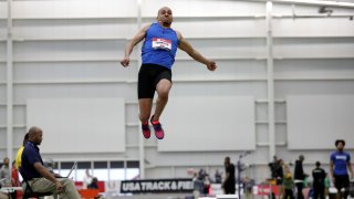 Roderick Townsend performs in the men's long jump final at the USA Track & Field Indoor Championships, Saturday, Feb. 23, 2019, in New York.