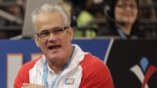 In this March 3, 2012, file photo, gymnastics coach John Geddert is seen at the American Cup gymnastics meet at Madison Square Garden in New York.