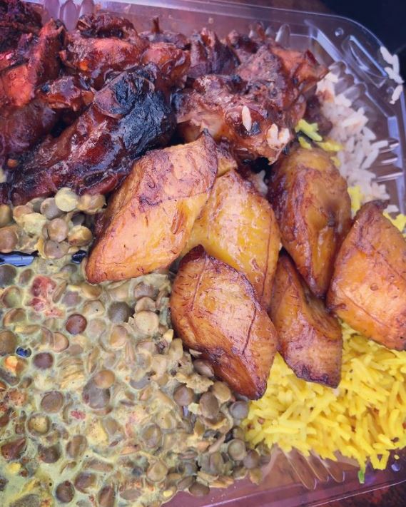 Jerk chicken, saffron rice, dengu and mandizi from Flavors of East Africa.