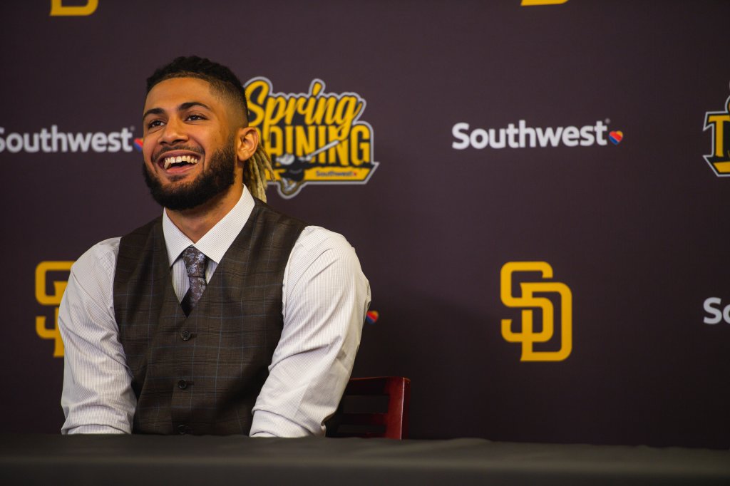 Fernando Tatis Jr. #42 of the San Diego Padres singles against the