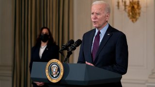 WASHINGTON, DC - FEBRUARY 05: U.S. President Joe Biden delivers remarks on the national economy and the need for his administration's proposed $1.9 trillion coronavirus relief legislation with Vice President Kamala Harris in the State Dining Room at the White House on February 05, 2021 in Washington, DC. Biden hosted lawmakers from both parties at the White House this week in an effort to push his pandemic relief plan forward.