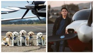 Left: Service puppies in training who are part of Canine Companions' program. Right: 21-year-old San Jose pilot, Owen Leipelt.
