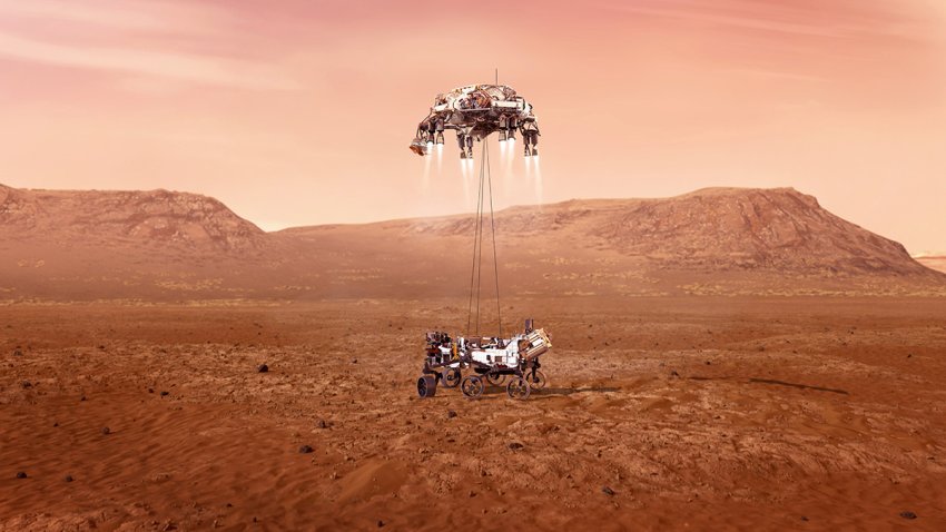 This image shows a skycrane maneuver allowing the Mars rover to land safely on the planet's surface.