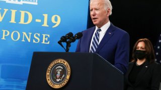 President Joe Biden, with Vice President Kamala Harris, speaks after a meeting with his Covid-19 Response Team at the White House on March 29, 2021.