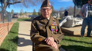 In this Feb. 22, 2021 photo, Sgt. 1st Class Marvin D. Cornett poses for a photo, in in Auburn, Calif. Cornett was awarded the Purple Heart and Bronze Star Medal during a ceremony. Cornett was assigned to Headquarters Company, 1st Battalion, 504th Parachute Infantry Regiment, 82nd Abn. Div. when he made the combat jump into Salerno, Italy and was later wounded during combat operations along the Mussolini Canal at the Anzio beachhead on Dec. 31, 1944.