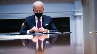 President Joe Biden pauses while speaking during a meeting with Treasury Secretary Janet Yellen and Vice President Kamala Harris in the Roosevelt Room of the White House, March 5, 2021 in Washington, DC.