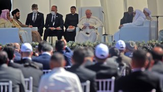 Pope Francis speaks during an interfaith service with many of Iraq's religious minorities in attendance, at the House of Abraham in the ancient city of Ur in southern Iraq's Dhi Qar province, on March 6, 2021.