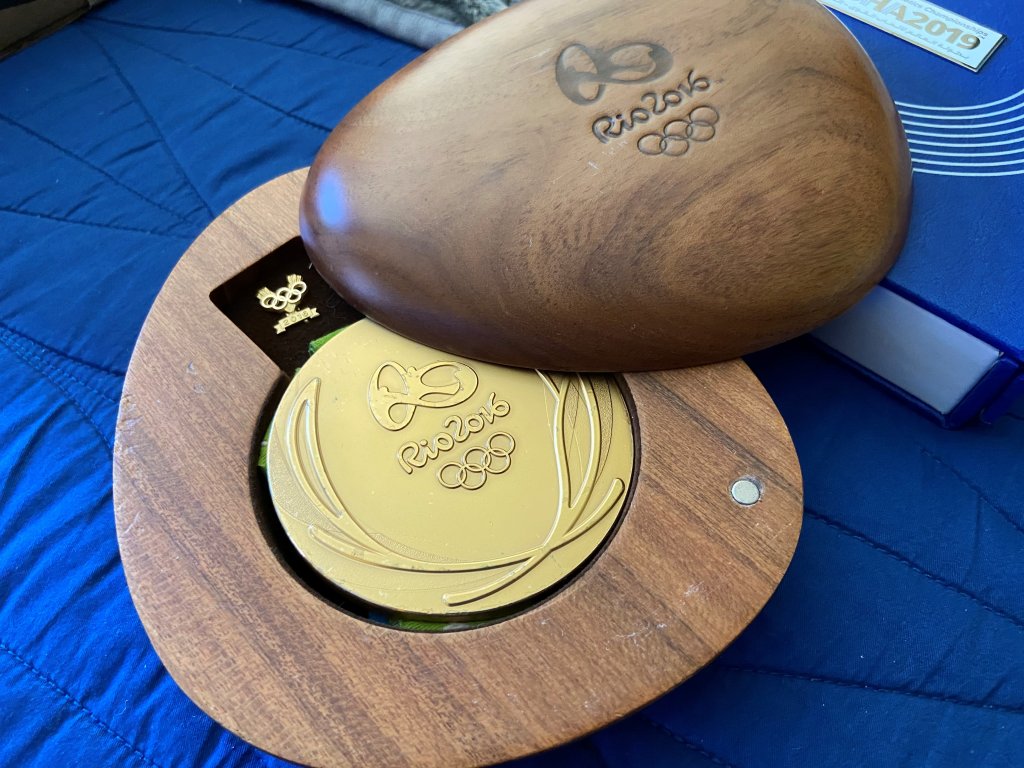 Olympian Jeff Henderson's gold medal from the 2016 Summer Olympics.