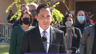 San Diego Mayor Todd Gloria speaks from the Municipal Gym at Balboa Park on Thursday, March 18, 2021 in celebration of his first 100 days in office.