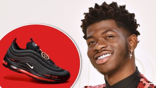 Combination photo of Lil Nas X and the Satan Shoes by MSCHF.