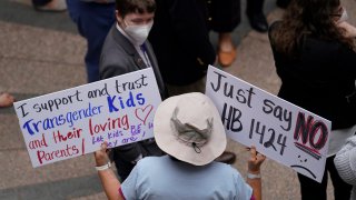 Parents of transgender children and other supporters of transgender rights gather in the capital outdoor rotunda to speak about transgender legislation being considered in the Texas House and Texas Senate,