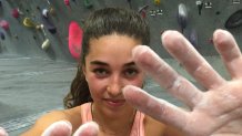 Brooke Raboutou with chalked hands