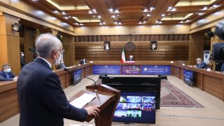 In this file photo, Head of the Atomic Energy Organization of Iran Ali Akbar Salehi speaks during opening ceremony of nuclear projects in different regions of the country via video conference on 11th anniversary of National Nuclear Technology Day in Tehran, Iran on April 10, 2021.