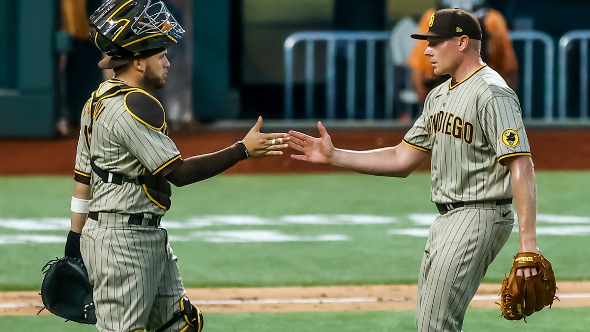 Texas Rangers catcher Jose Trevino, left, and relief pitcher Ian