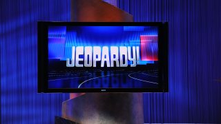 This file photo shows a screen display the "Jeopardy!" logo on set in Culver City, California.