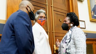 Rep. Joyce Beatty, D-Ohio, center, listens as Rep. Sheila Jackson Lee, D-Tex., right, chair of the Subcommittee on Crime, Terrorism, and Homeland Security, attends a markup in the House Judiciary Committee of a bill to create a commission to study and address social disparities in the African American community on April 14, 2021. Rep. Jackson-Lee is the sponsor of that legislation.