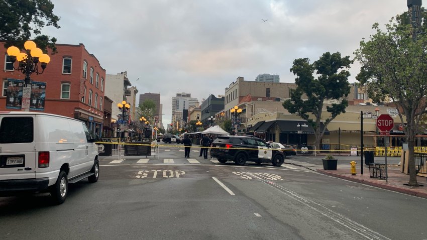 The aftermath of the shooting in downtown San Diego’s Gaslamp Quarter on April 23, 2021.