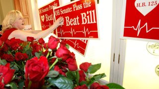 FILE – In this Feb. 14, 2012, file photo, Janet Folger Porter, president and founder of Faith 2 Action, posts signs during a news conference at the Ohio Statehouse in Columbus, Ohio. Bans pegged to the “fetal heartbeat” concept have been signed into law in 12 states, but all have either been struck down or temporarily blocked by the courts and none has taken effect. Porter urged supporters to “take heart” when faced with obstacles — and beseeched lawmakers to “have a heart” and vote “yes” despite their constitutional concerns. (Brooke LaValley/The Columbus Dispatch via AP, File)