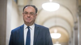 Andrew Bailey, governor of the Bank of England, poses for a photograph on his first day in the post at the central bank in the City of London, U.K., on Monday, March 16, 2020.