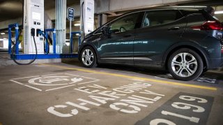 An EVgo charging station is pictured in the garage at Union Station in Washington on Thursday, April 22, 2021.