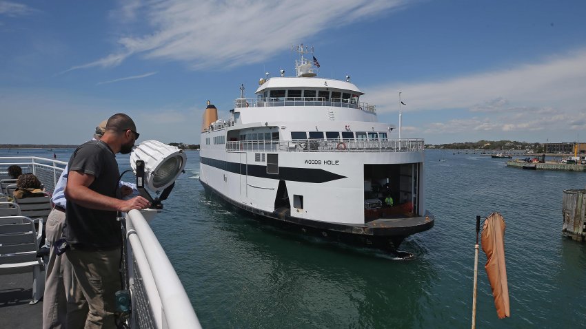 A Steamship Authority ferry from Woods Hole to Martha’s Vineyard is pictured in Woods Hole, MA.