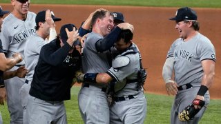 Yankees celebrate after Corey Kluber's no-hitter