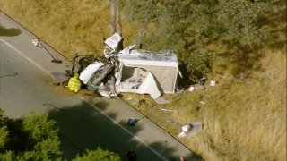 Authorities respond to the scene of a rollover crash on Thursday, May 6, 2021 in Escondido. SDPD said the driver led a couple of lieutenants on a brief chase before crashing into a pole.