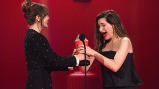 (L-R) Elizabeth Olsen and Kathryn Hahn accept the Best Fight award for "WandaVision" onstage during the 2021 MTV Movie & TV Awards at the Hollywood Palladium on May 16, 2021, in Los Angeles, California.