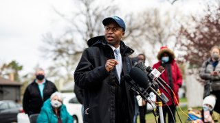 Brooklyn Center Mayor Mike Elliott speaks during a press conference at a memorial for Daunte Wright on April 20, 2021 in Brooklyn Center, Minnesota.
