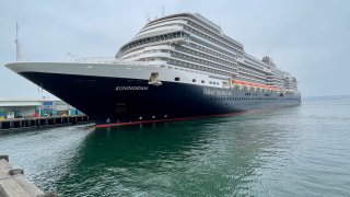 Holland America Line’s Koningsdam ship arrives at the Port of San Diego's B Street Terminal on Wednesday, May 19, 2021 so dozens of its crew members can get their first dose of the COVID-19 vaccine.