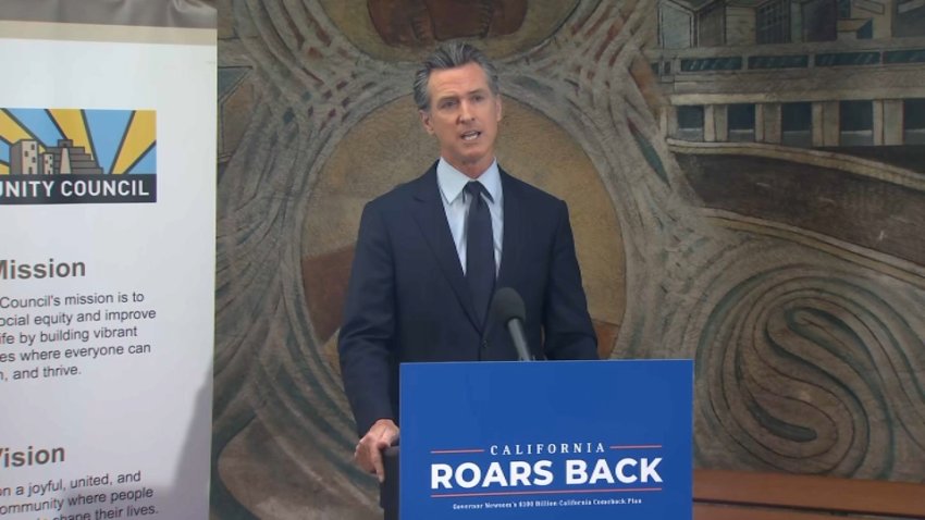 California Gov. Gavin Newsom at a news conference Monday in Oakland. (May 10, 2021)