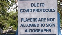 A sign reads, "Due to COVID protocols players are not allowed to sign autographs" as seen during the first round of the 2021 U.S. Open at Torrey Pines Golf Course (South Course) on June 17, 2021 in San Diego, California.