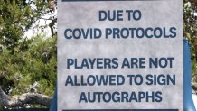 A sign reads, "Due to COVID protocols players are not allowed to sign autographs" as seen during the first round of the 2021 U.S. Open at Torrey Pines Golf Course (South Course) on June 17, 2021 in San Diego, California.