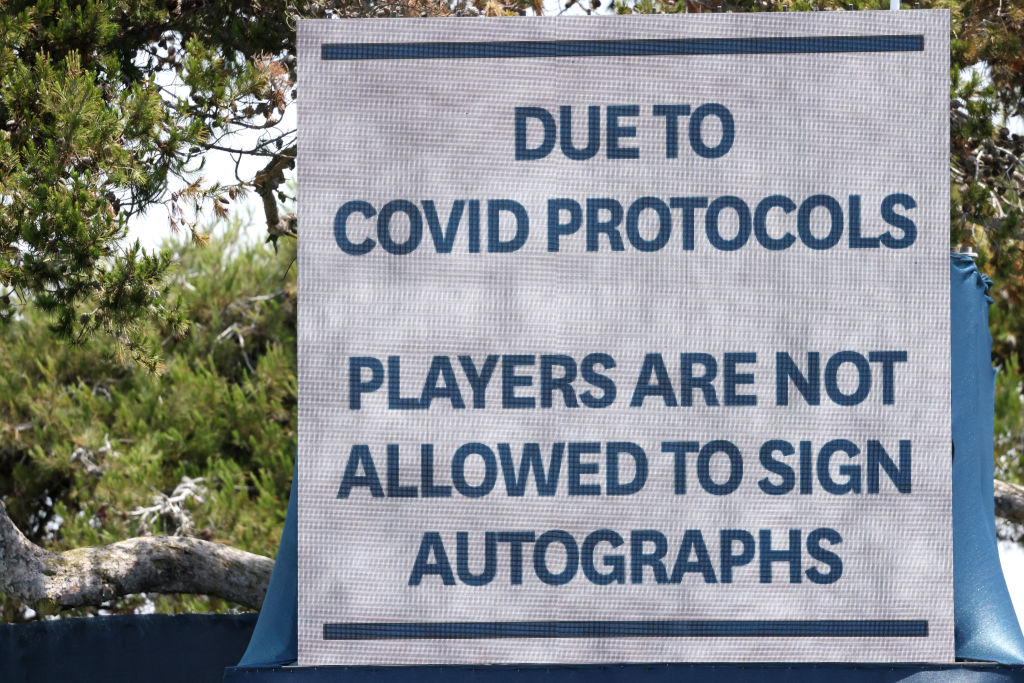A sign reads, "Due to COVID protocols players are not allowed to sign autographs" as seen during the first round of the 2021 U.S. Open at Torrey Pines Golf Course (South Course) on June 17, 2021 in San Diego, California.