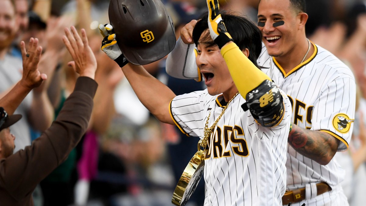 San Diego Padres' Fernando Tatis Jr. celebrates after scoring on a throwing  error by Tampa Bay Rays' Wander Franco in the third inning of a baseball  game, Sunday, June 18, 2023, in