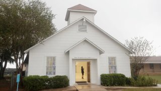 First Baptist Church of Sutherland Springs which has been turned into a memorial to honor those who died on November 12, 2017 in Sutherland Springs, Texas. The inside of the church has been painted white with 26 white chairs placed around the room. On each chair is a single rose and the name of a shooting victim. The chairs are placed throughout the room at the location where the victim died. The memorial will be open to the public. Devin Patrick Kelley shot and killed the 26 people and wounded 20 others when he opened fire during Sunday service at the church on November 5.