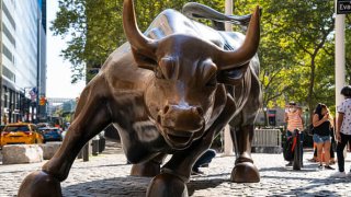 The bronze Charging Bull in the financial district of New York City.