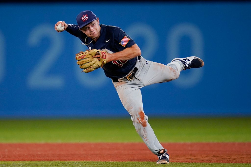 United States' Nick Allen throws during the third inning of a baseball game against Israel at the 2020 Summer Olympics, Friday, July 30, 2021, in Yokohama, Japan.