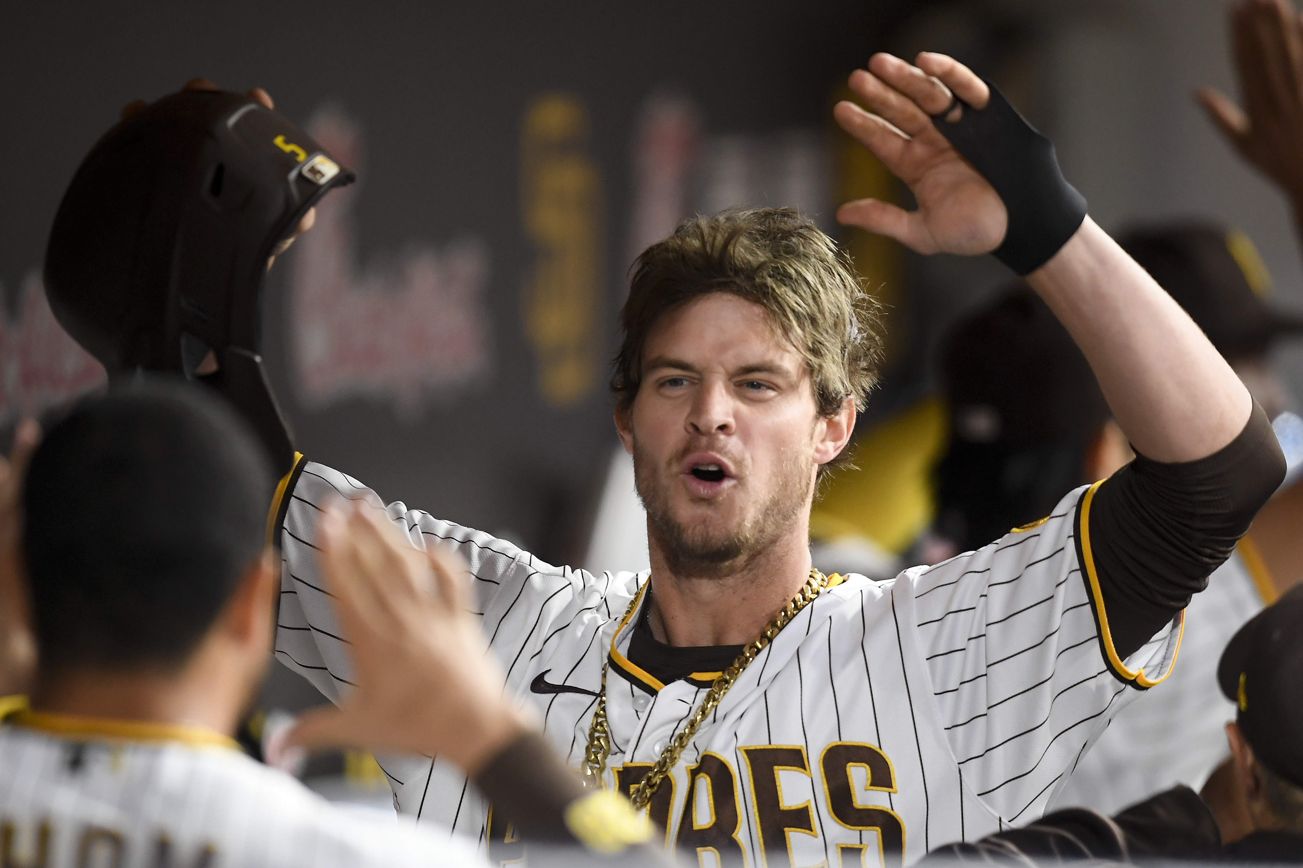 Jurickson Profar of the San Diego Padres celebrates with Wil Myers News  Photo - Getty Images